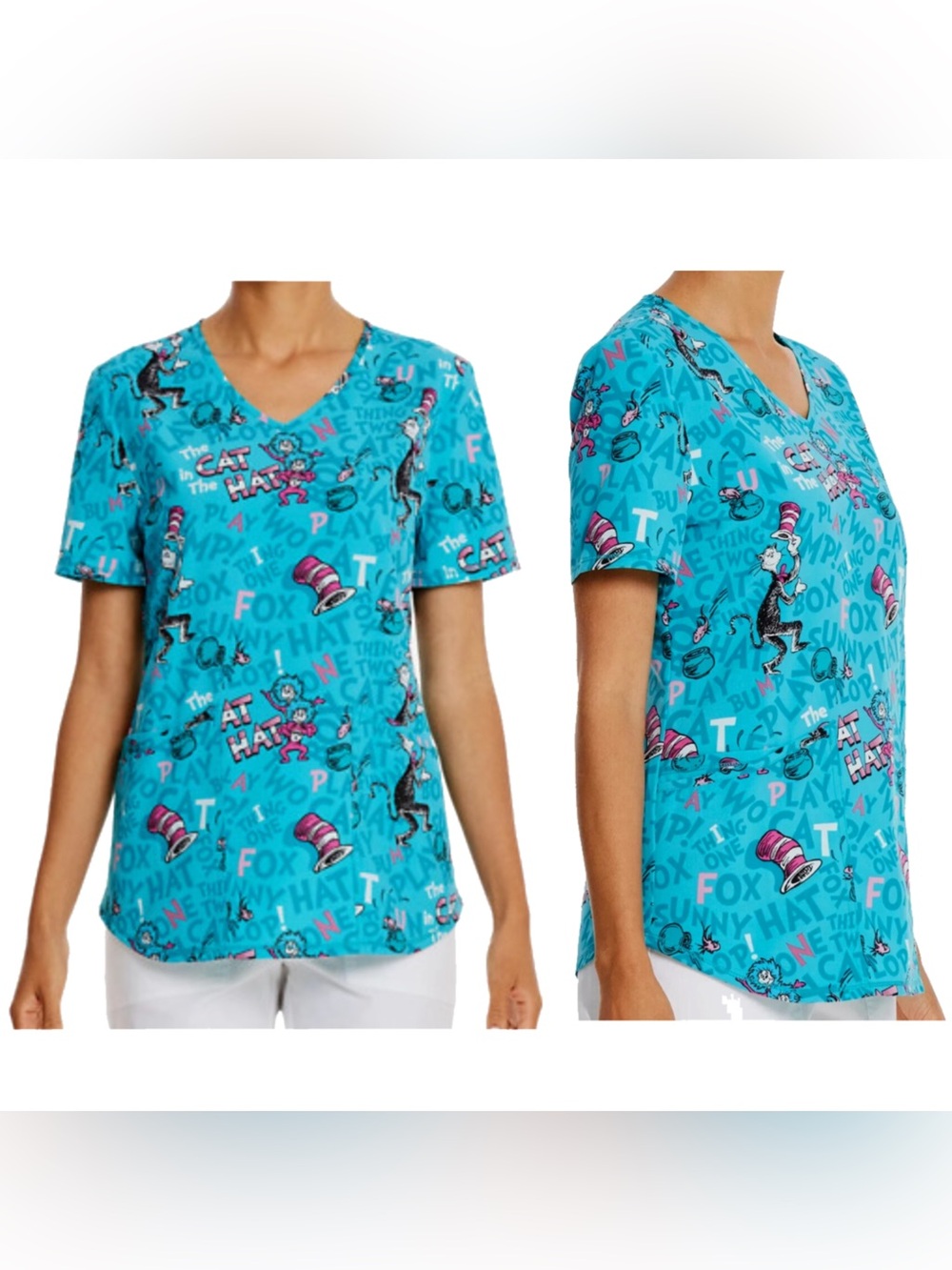 Dr Seuss The Cat in the Hat Blue Graphic Scrub Top Sz 2XL Medic Vet Dentist